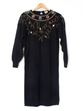 Darian | Vintage 80's Black Jeweled Long Sleeved Sweater Dress | Size Medium